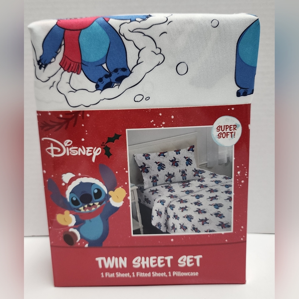 Disney Lilo and Stitch Christmas Holiday Twin Sheet Set Pillowcase Santa Hat New